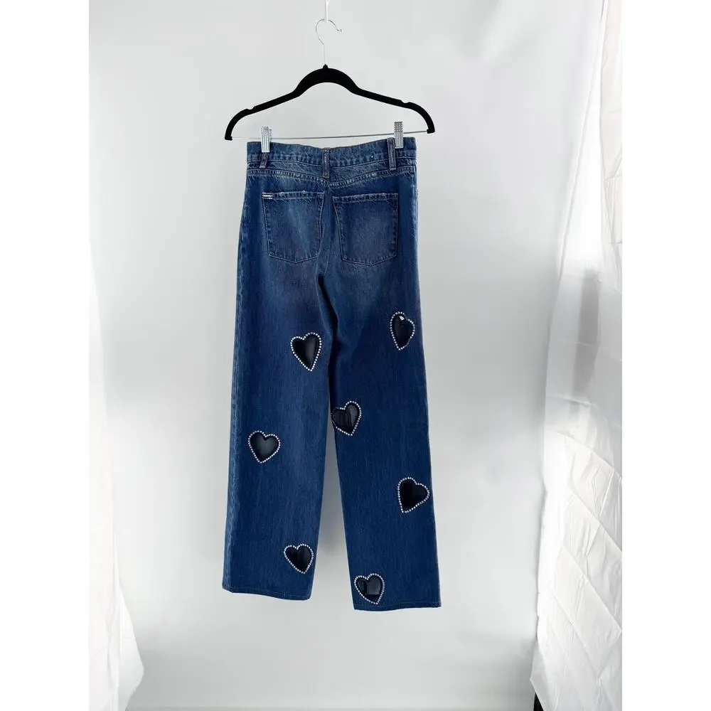 Alice + Olivia Karrie Embellished Rhinestone Heart Cutout Jean Blue Women's 27